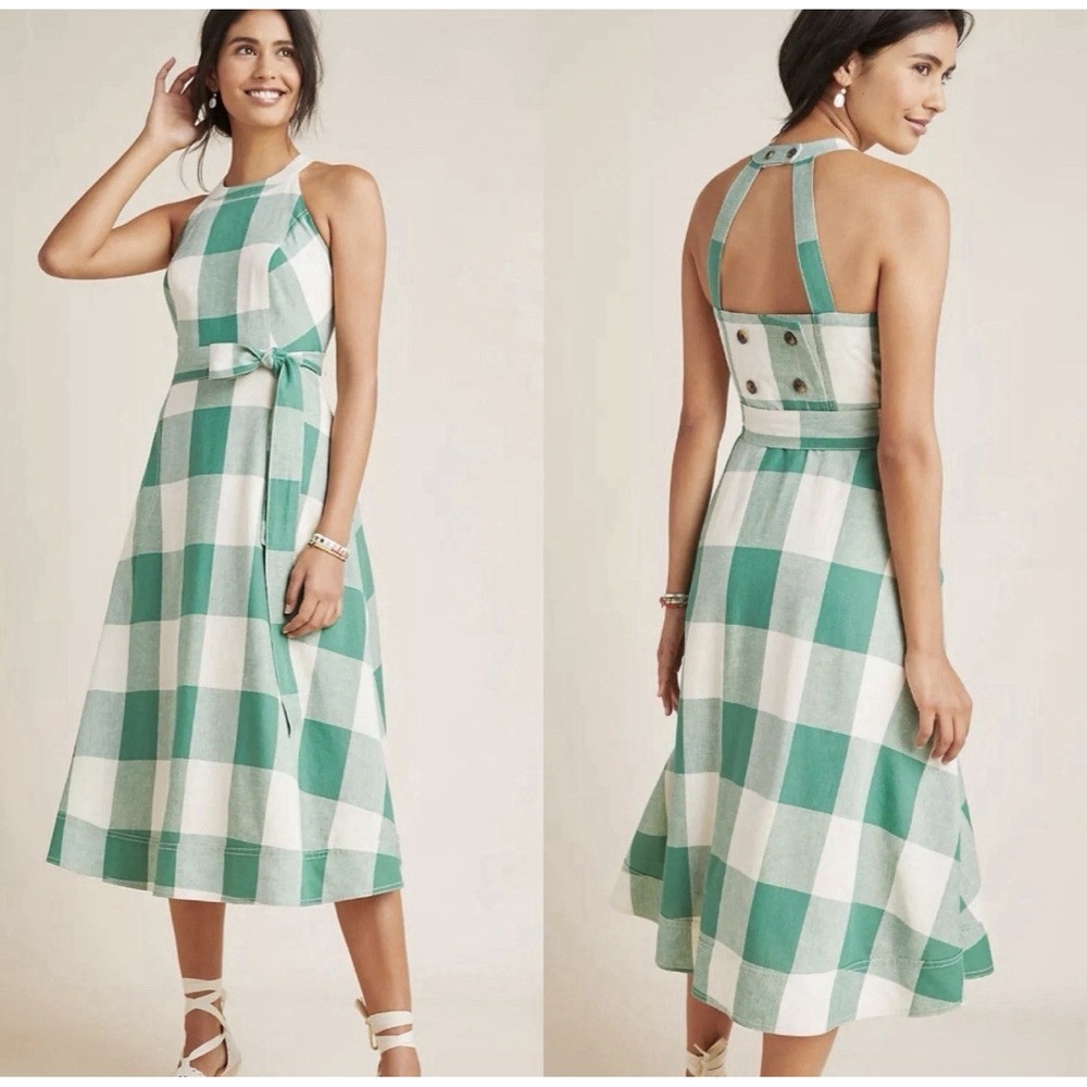 Anthropologie Maeve Greta Gingham Midi Dress Womens 28W Green Cream Pockets READ